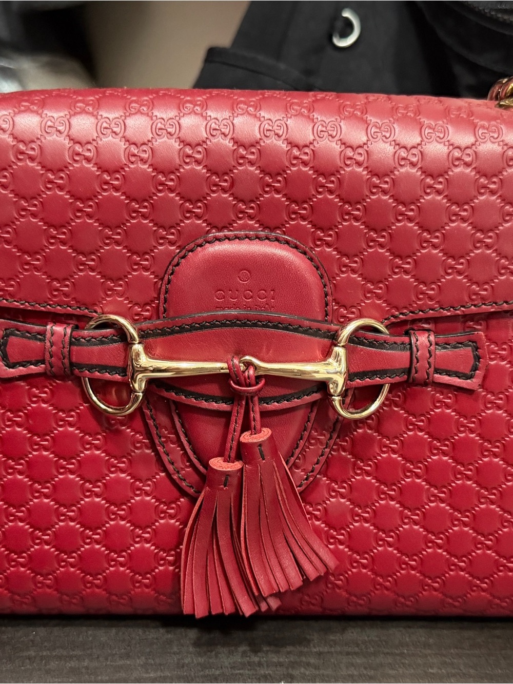 Gucci Red Embossed Leather Crossbody with Gold Horsebit and Tassels